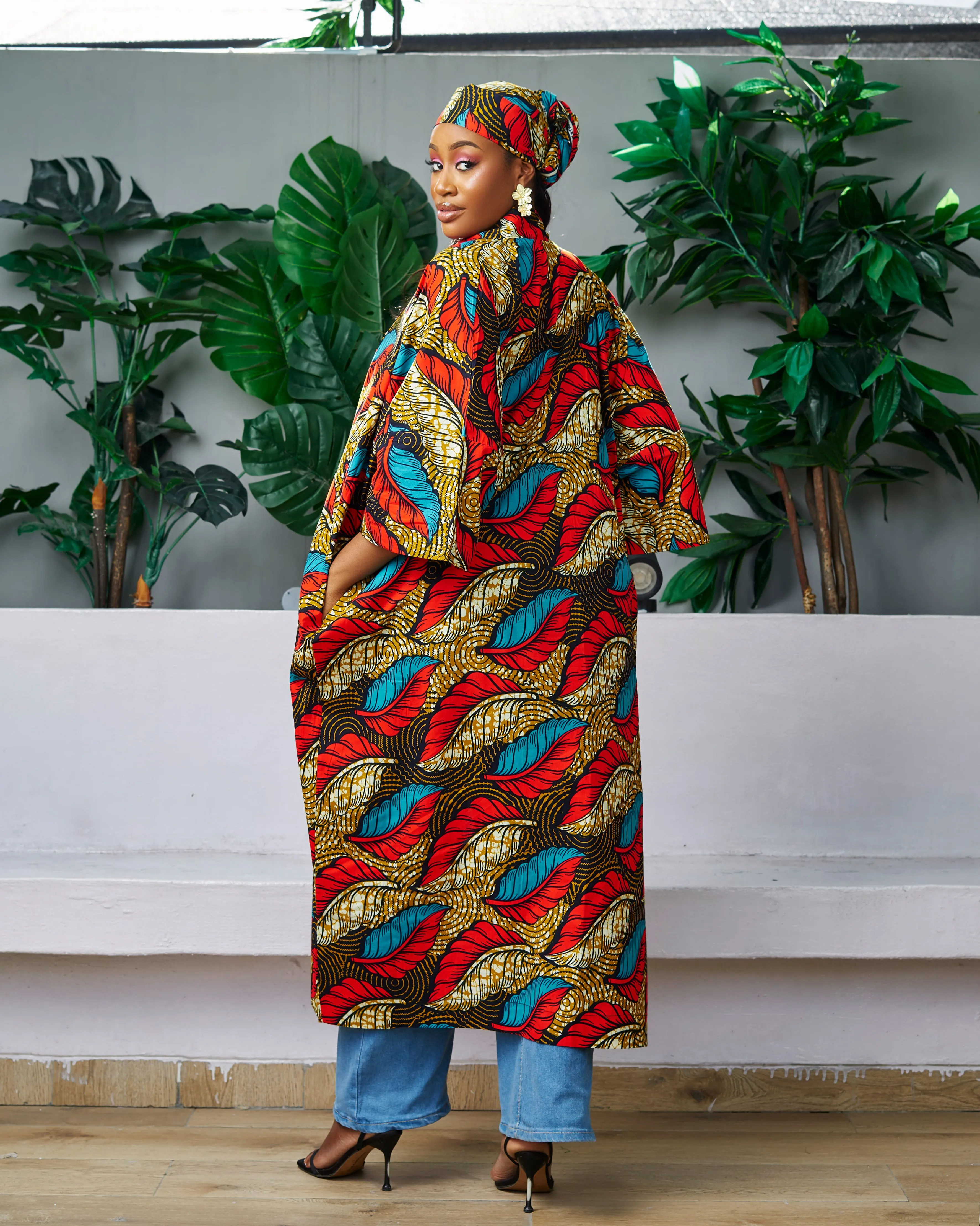 2pc African Print Midi Length Kimono Jacket and Headwrap Set- Zimife