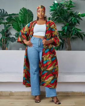 2pc African Print Midi Length Kimono Jacket and Headwrap Set- Zimife