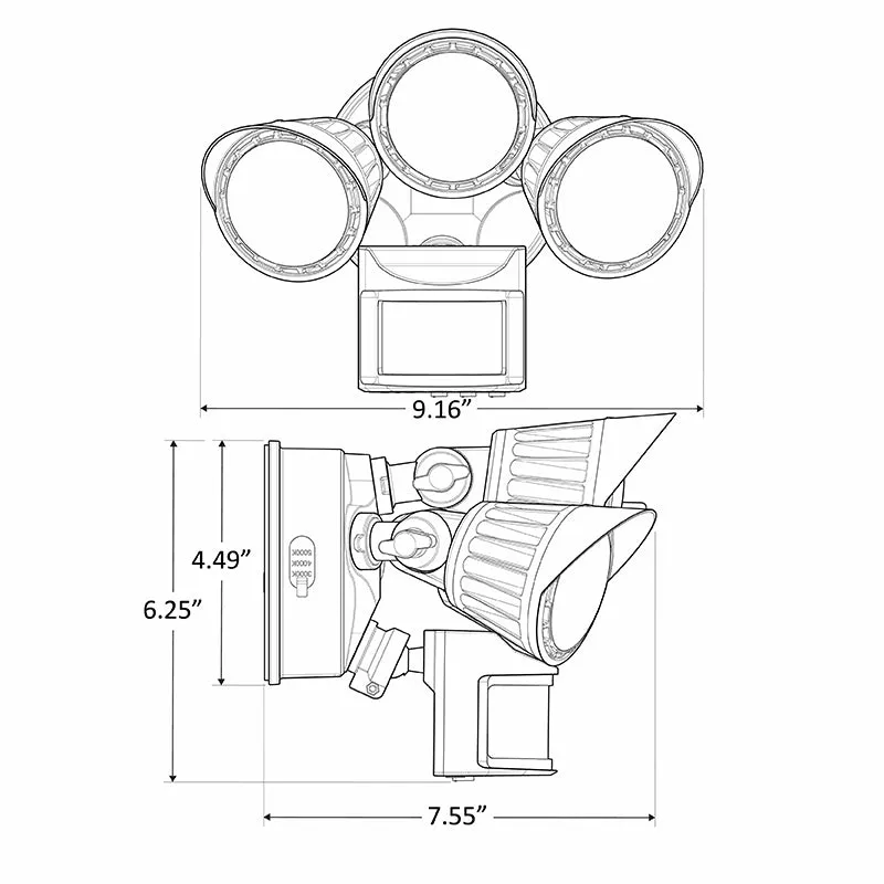 3 Head LED Security Light, 2800 Lumens, 30 watt, 120V, CCT Selectable, Bronze or White Finish, With PIR Sensor