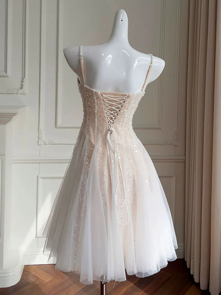 A-Line Sweetheart Neck Tulle Sequin Champagne Short Prom Dress, Cute Homecoming Dress