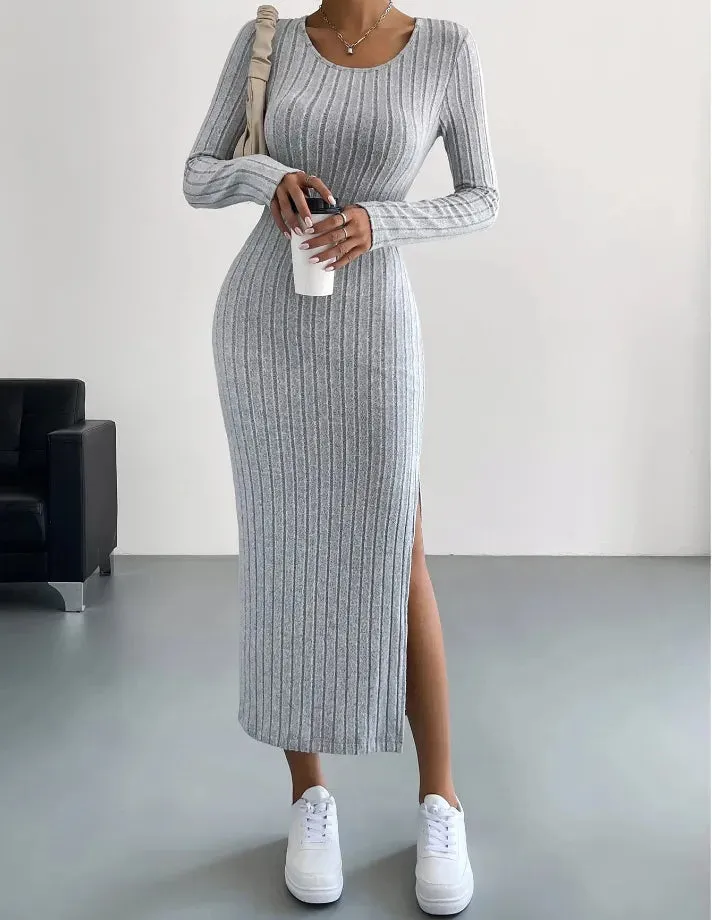 A&A Round Neck Long Sleeve Slit Midaxi Knit set