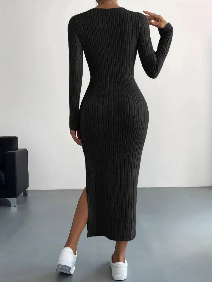 A&A Round Neck Long Sleeve Slit Midaxi Knit set