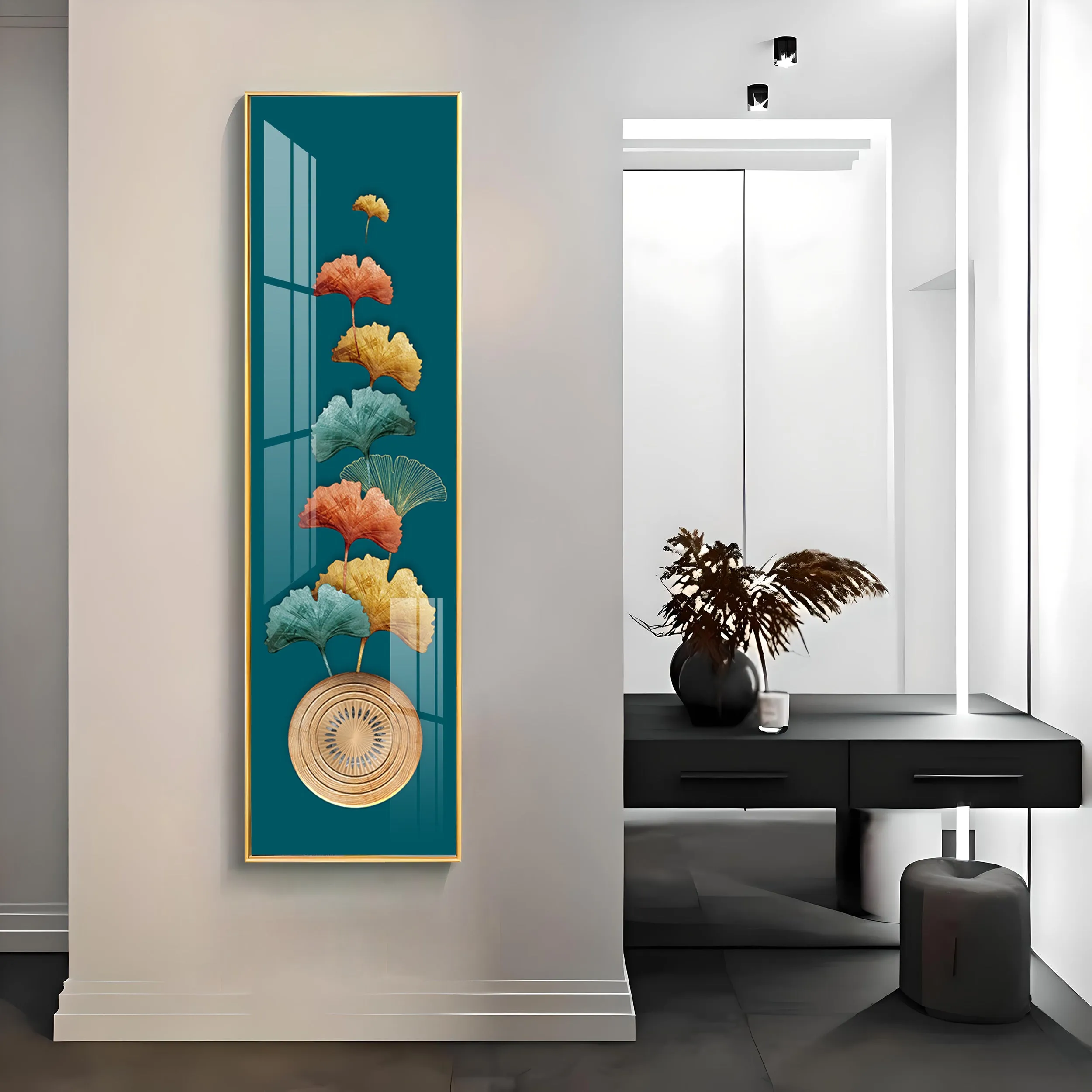 Abstract Golden Ginkgo Leaf Premium Acrylic Vertical Wall Art