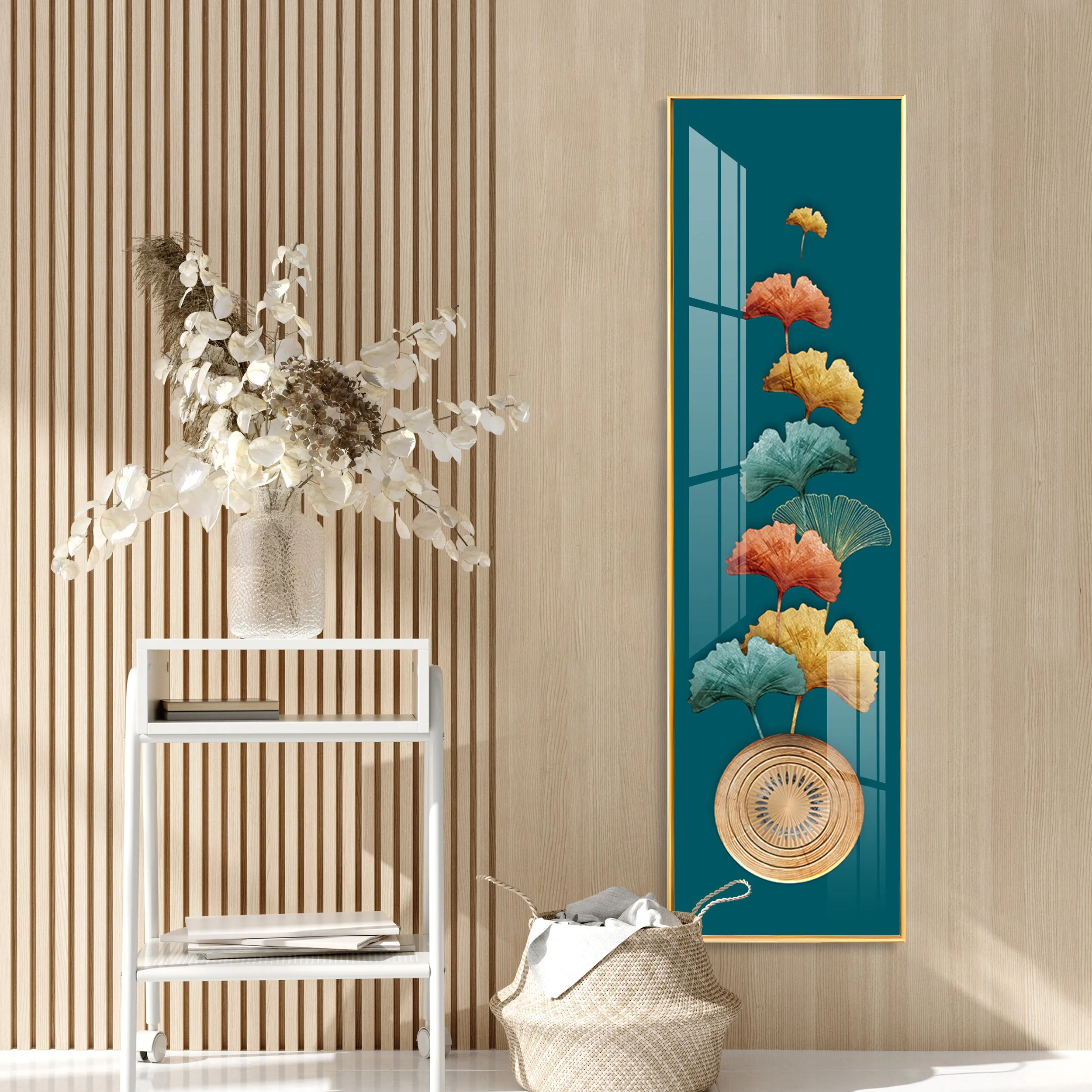 Abstract Golden Ginkgo Leaf Premium Acrylic Vertical Wall Art