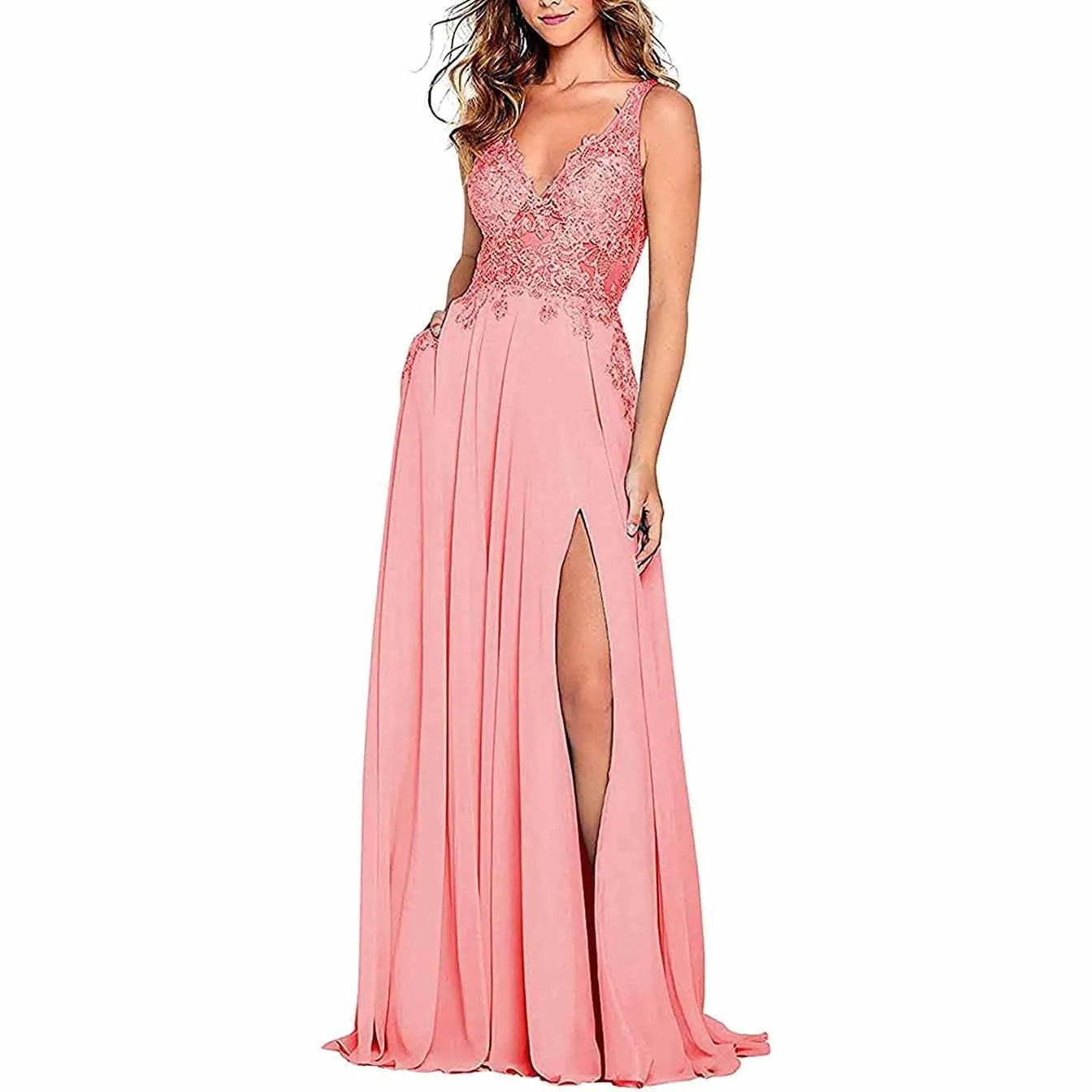 Appliques Lace Prom Dresses Long Side Split Chiffon Women Formal Evening Gowns