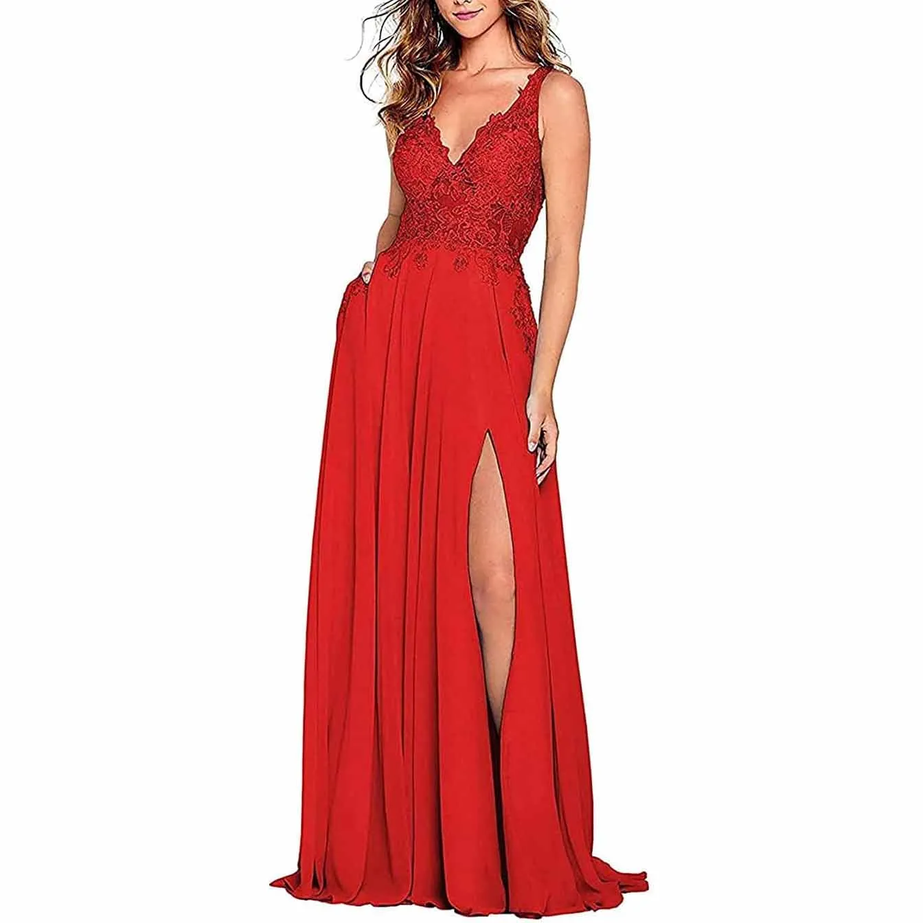 Appliques Lace Prom Dresses Long Side Split Chiffon Women Formal Evening Gowns