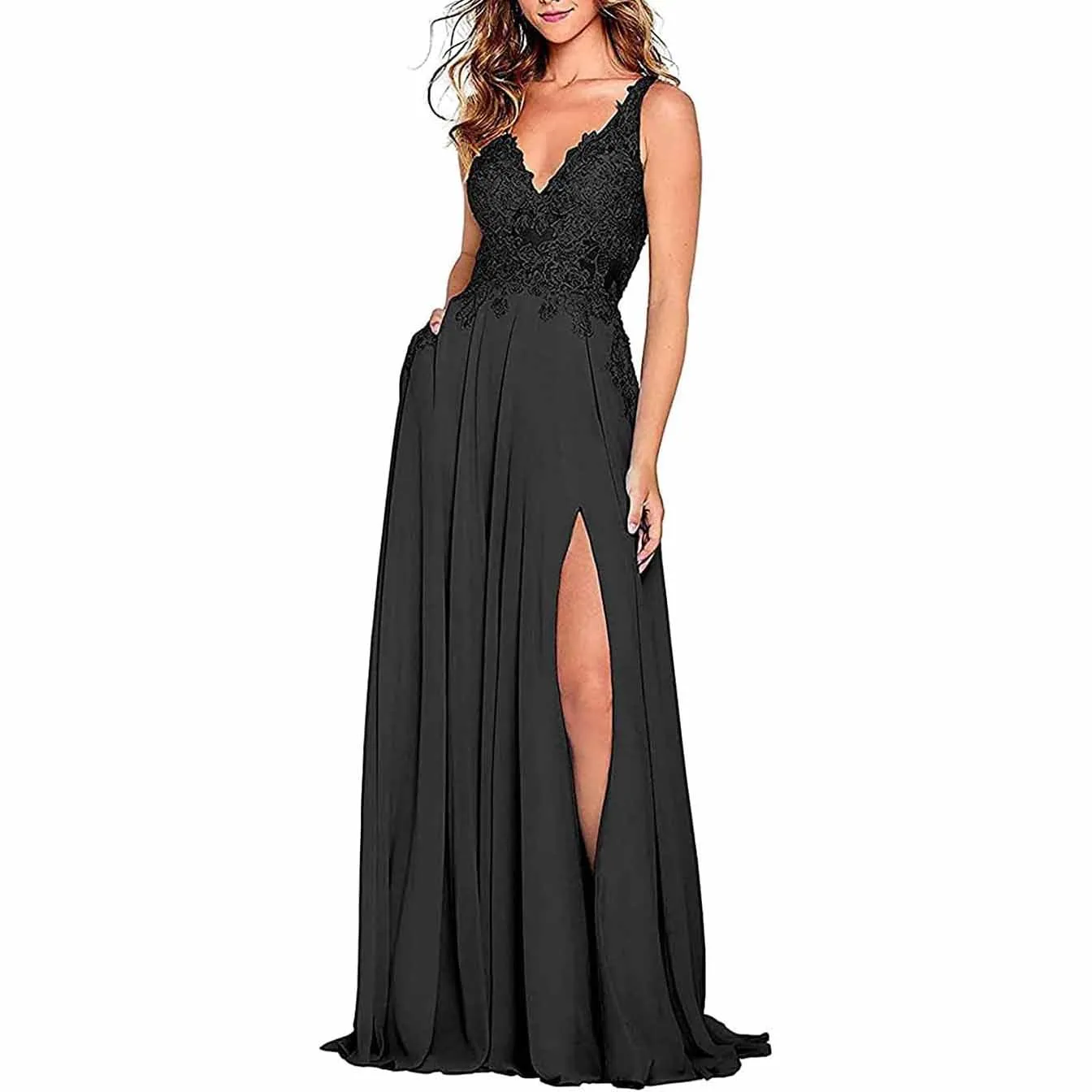 Appliques Lace Prom Dresses Long Side Split Chiffon Women Formal Evening Gowns