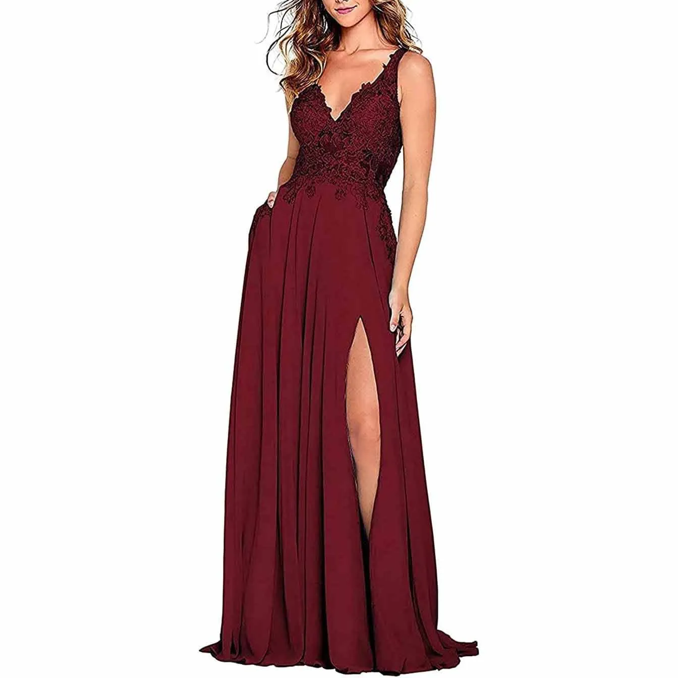 Appliques Lace Prom Dresses Long Side Split Chiffon Women Formal Evening Gowns