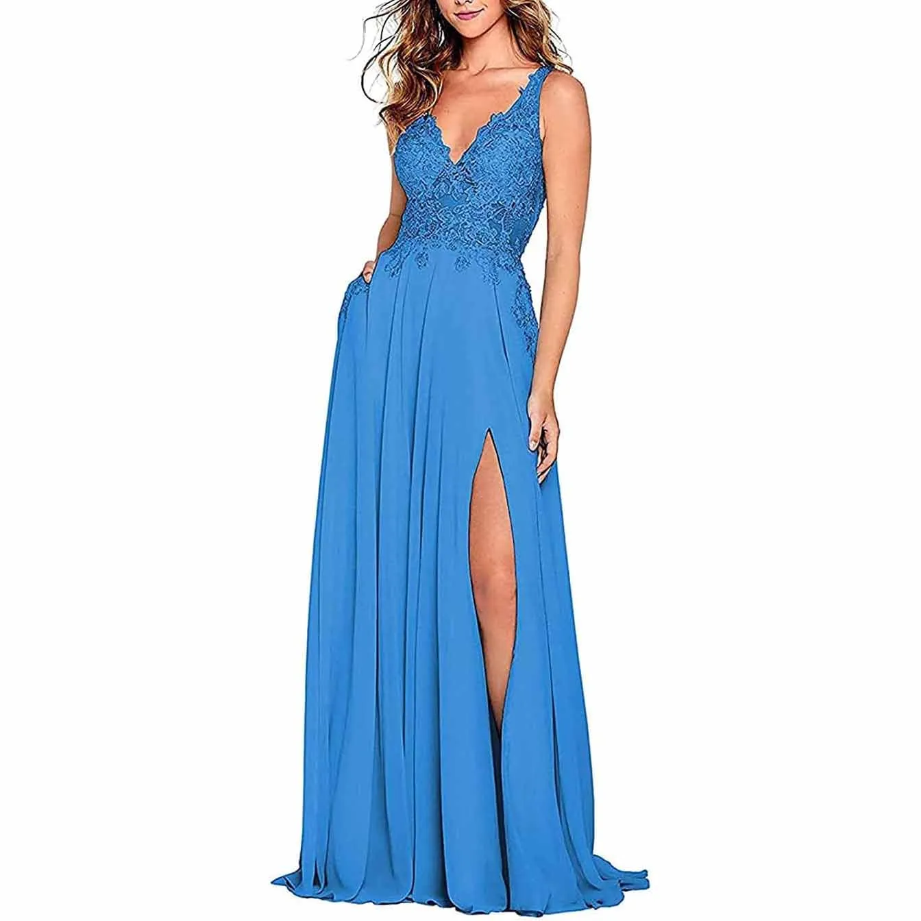 Appliques Lace Prom Dresses Long Side Split Chiffon Women Formal Evening Gowns