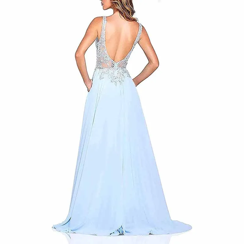 Appliques Lace Prom Dresses Long Side Split Chiffon Women Formal Evening Gowns