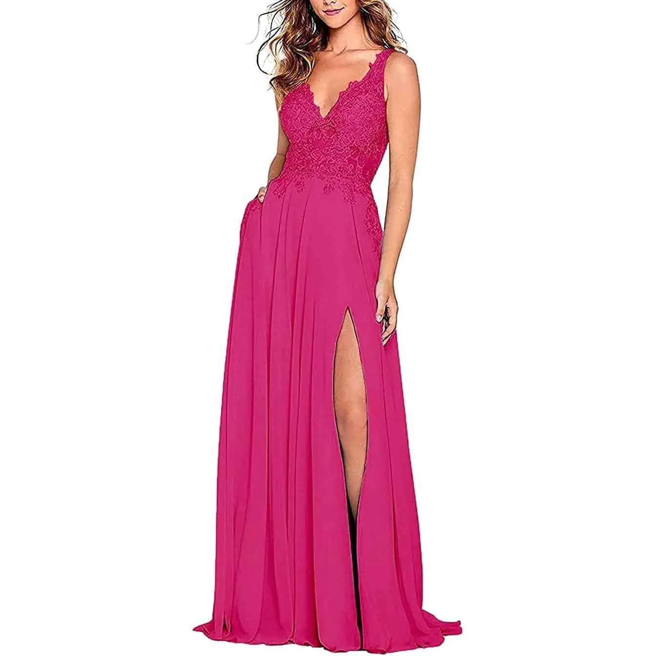 Appliques Lace Prom Dresses Long Side Split Chiffon Women Formal Evening Gowns