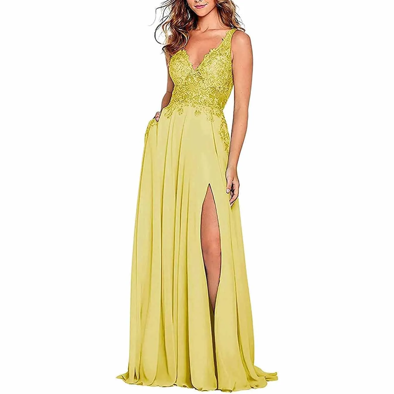 Appliques Lace Prom Dresses Long Side Split Chiffon Women Formal Evening Gowns