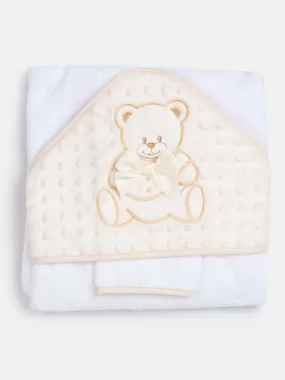 Baby Hooded Teddy Towel Set with Wash Cloth - White & Ivory