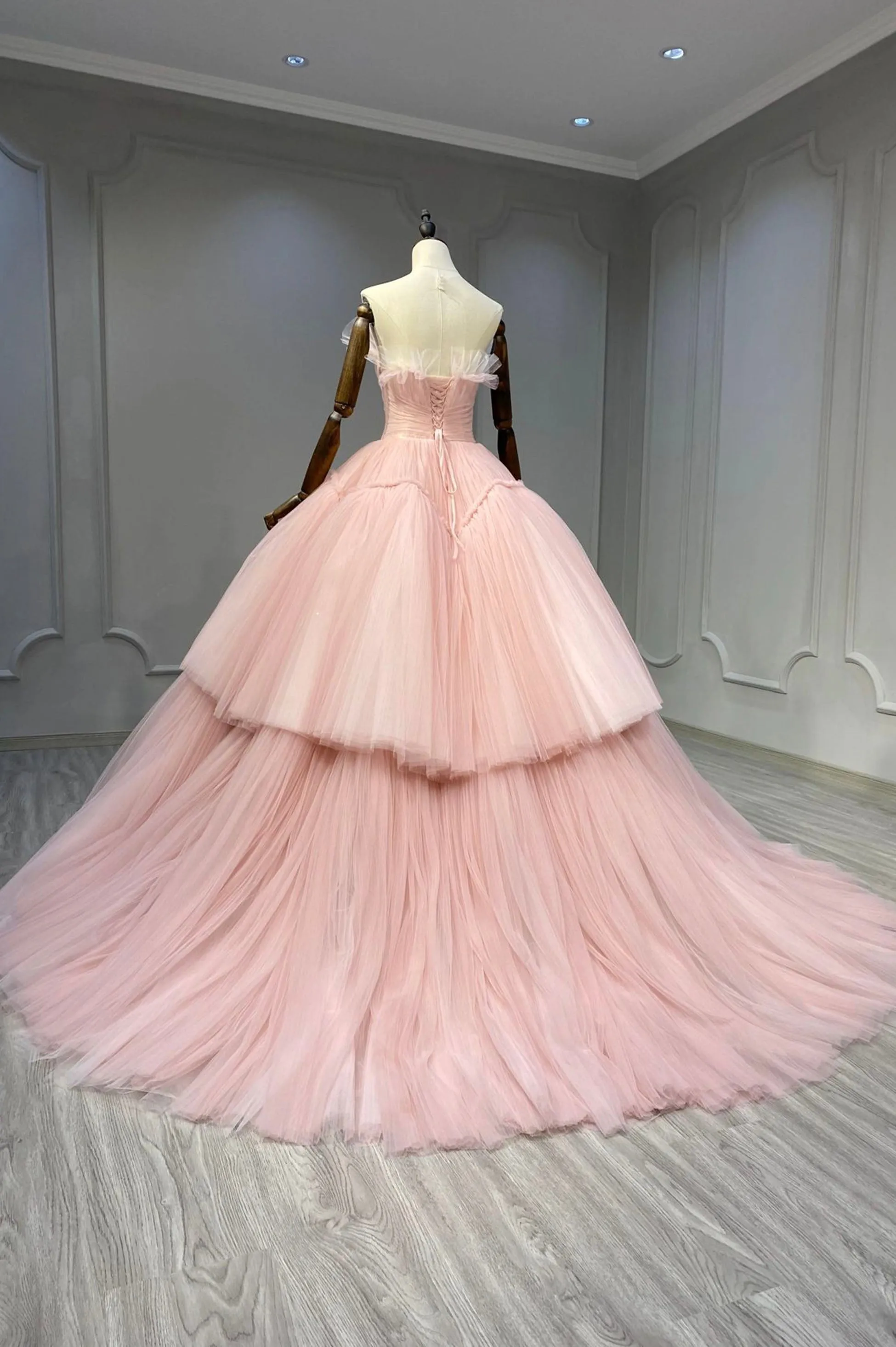 Ball Gown Pink Tulle Strapless Long Prom Evening Dress, Pink Sweet 16 Dress