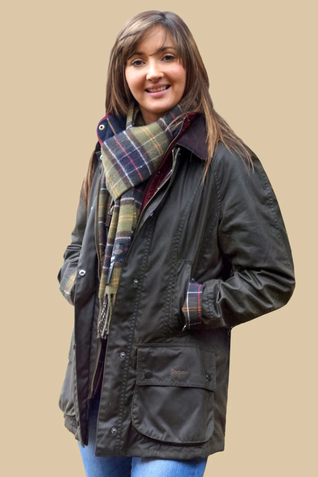 Barbour Classic Beadnell Ladies wax jacket in Olive Green and Matching Classic Tartan Scarf LWX0668OL71