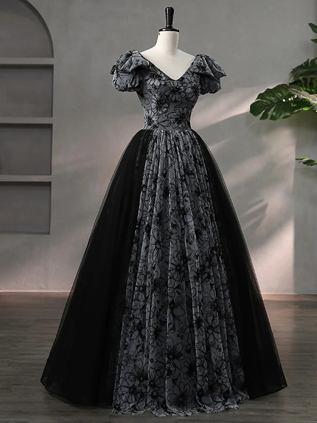 Beautiful Black Rhinestone Flower Prom Dress, Black V-Neck Short Sleeve Evening Dress