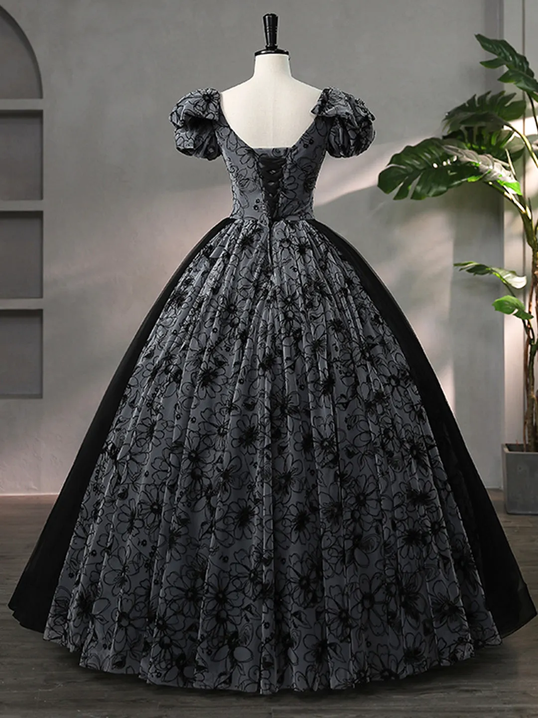 Beautiful Black Rhinestone Flower Prom Dress, Black V-Neck Short Sleeve Evening Dress