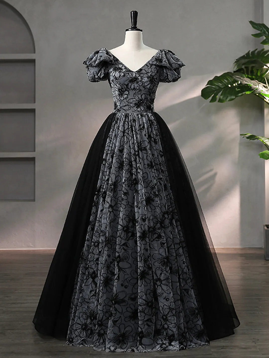 Beautiful Black Rhinestone Flower Prom Dress, Black V-Neck Short Sleeve Evening Dress