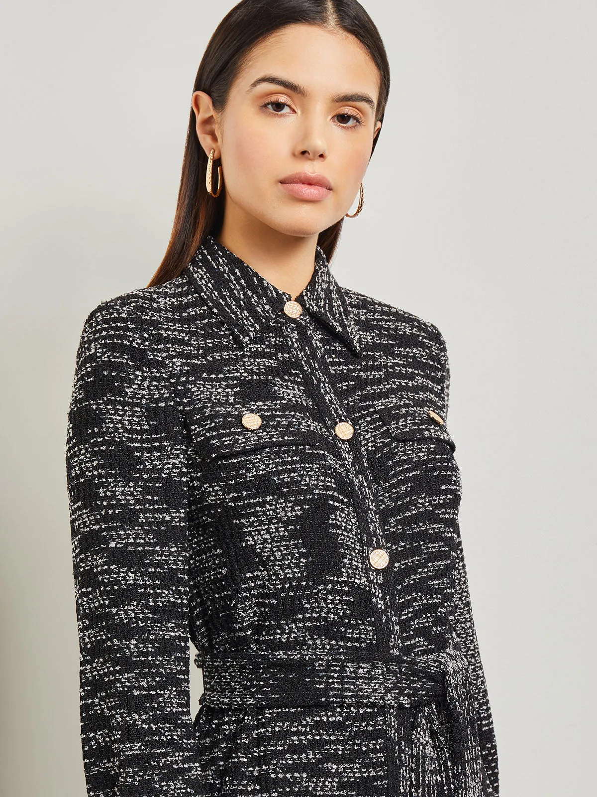 Belted Button Front Tweed Knit Midi Dress