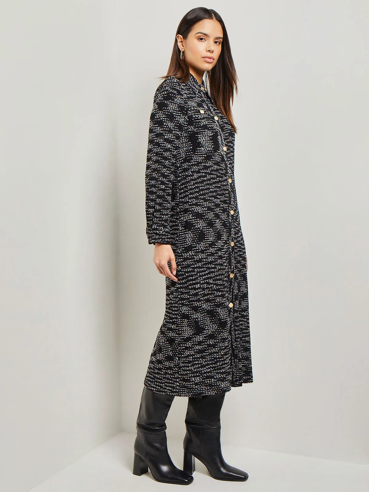 Belted Button Front Tweed Knit Midi Dress