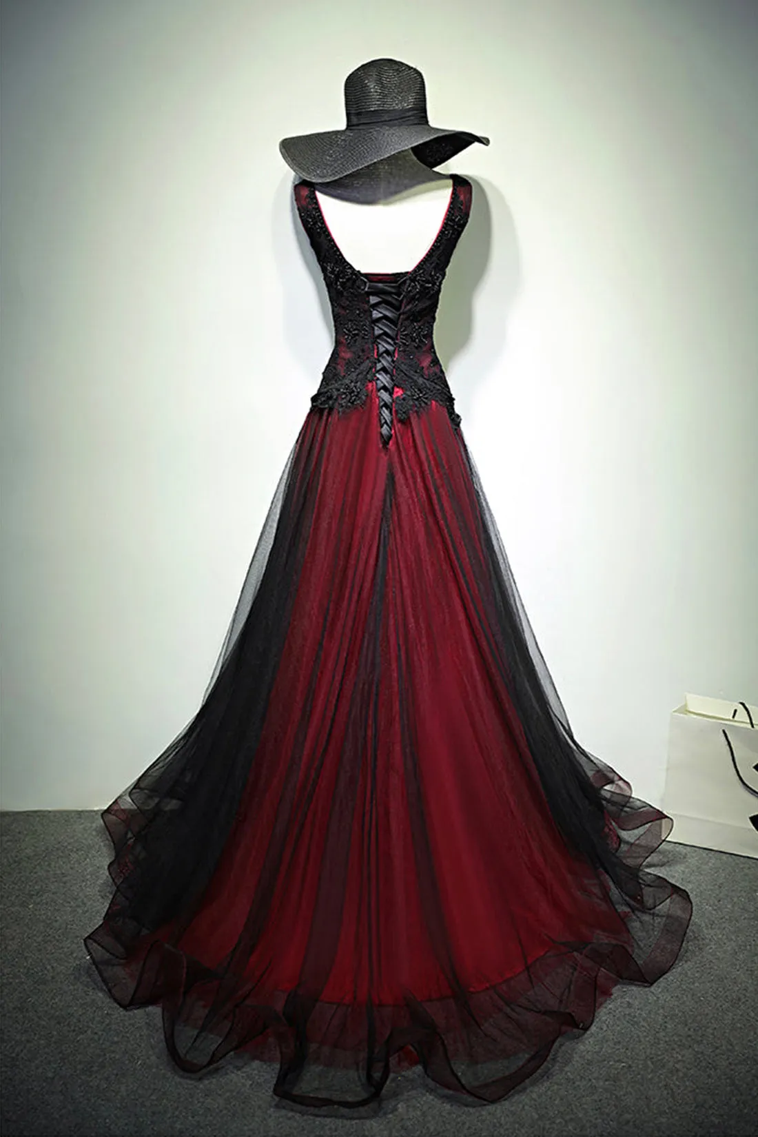 Black and Red V-Neck Tulle Long Prom Dress, Lace Evening Dress