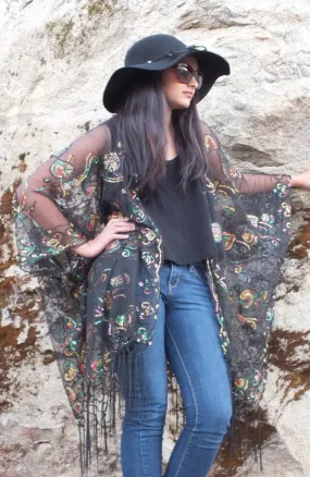 Black Multi-color Sequin Vine Leaf Kimono Top