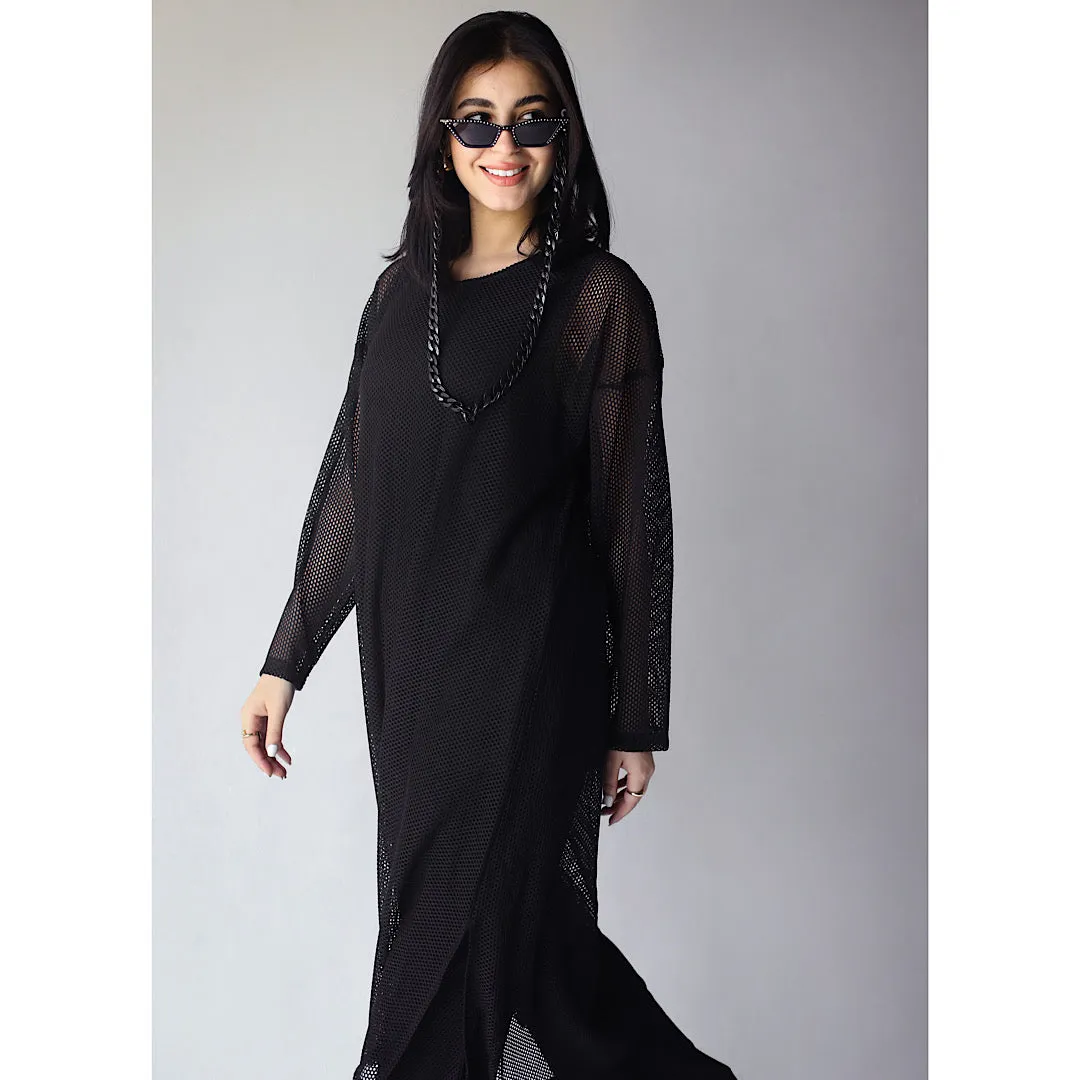 Black open knit long dress