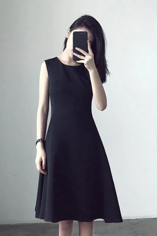 Black sleeveless, slim high-waist a-line dress 190209#