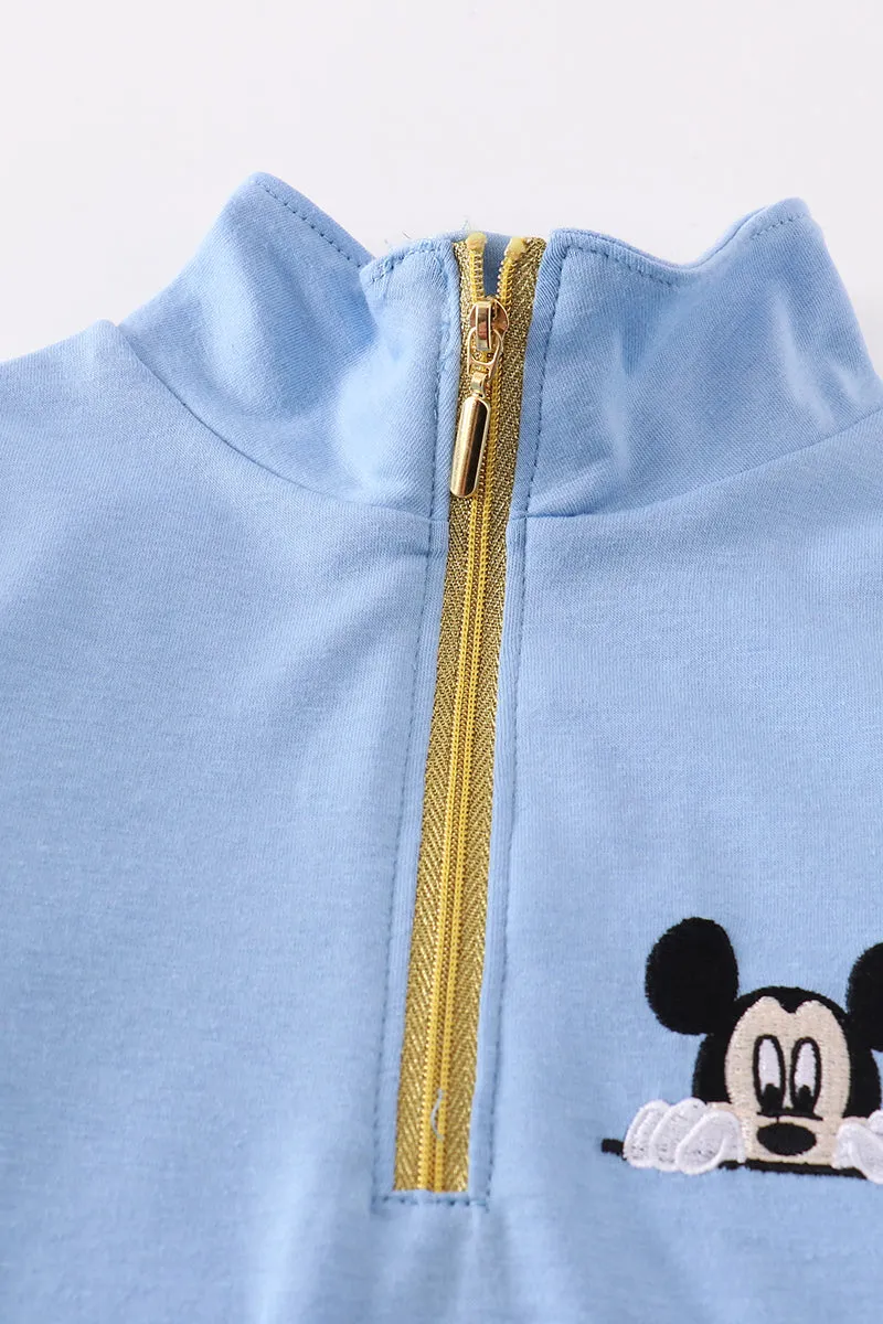 Blue character embroidery boy zipper pullover