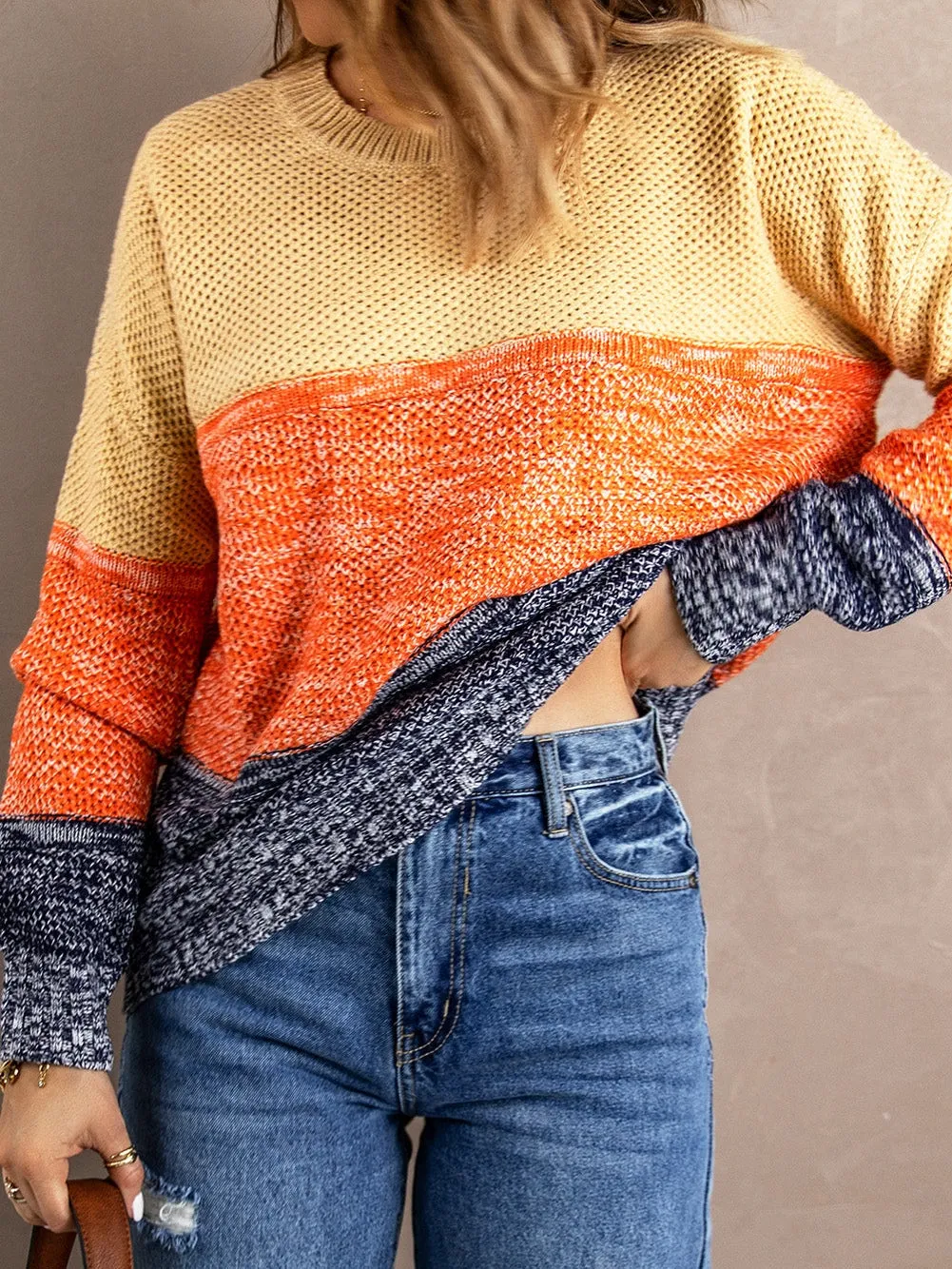 Blue Netted Texture Color Block Pullover Sweater