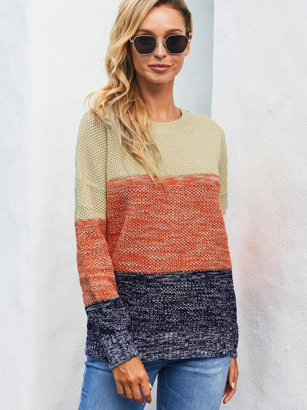 Blue Netted Texture Color Block Pullover Sweater