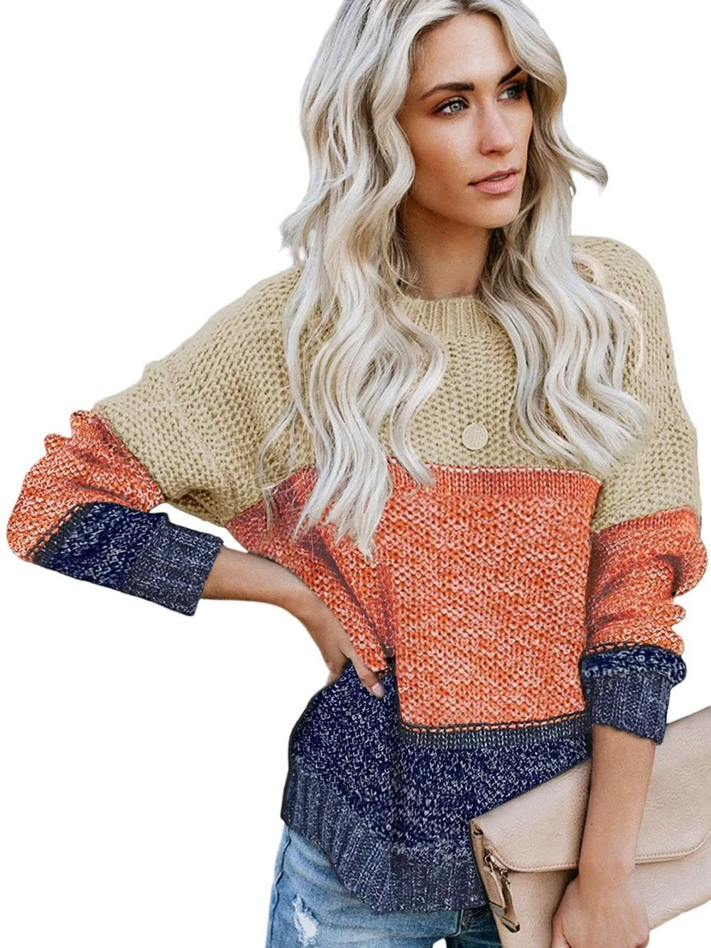 Blue Netted Texture Color Block Pullover Sweater