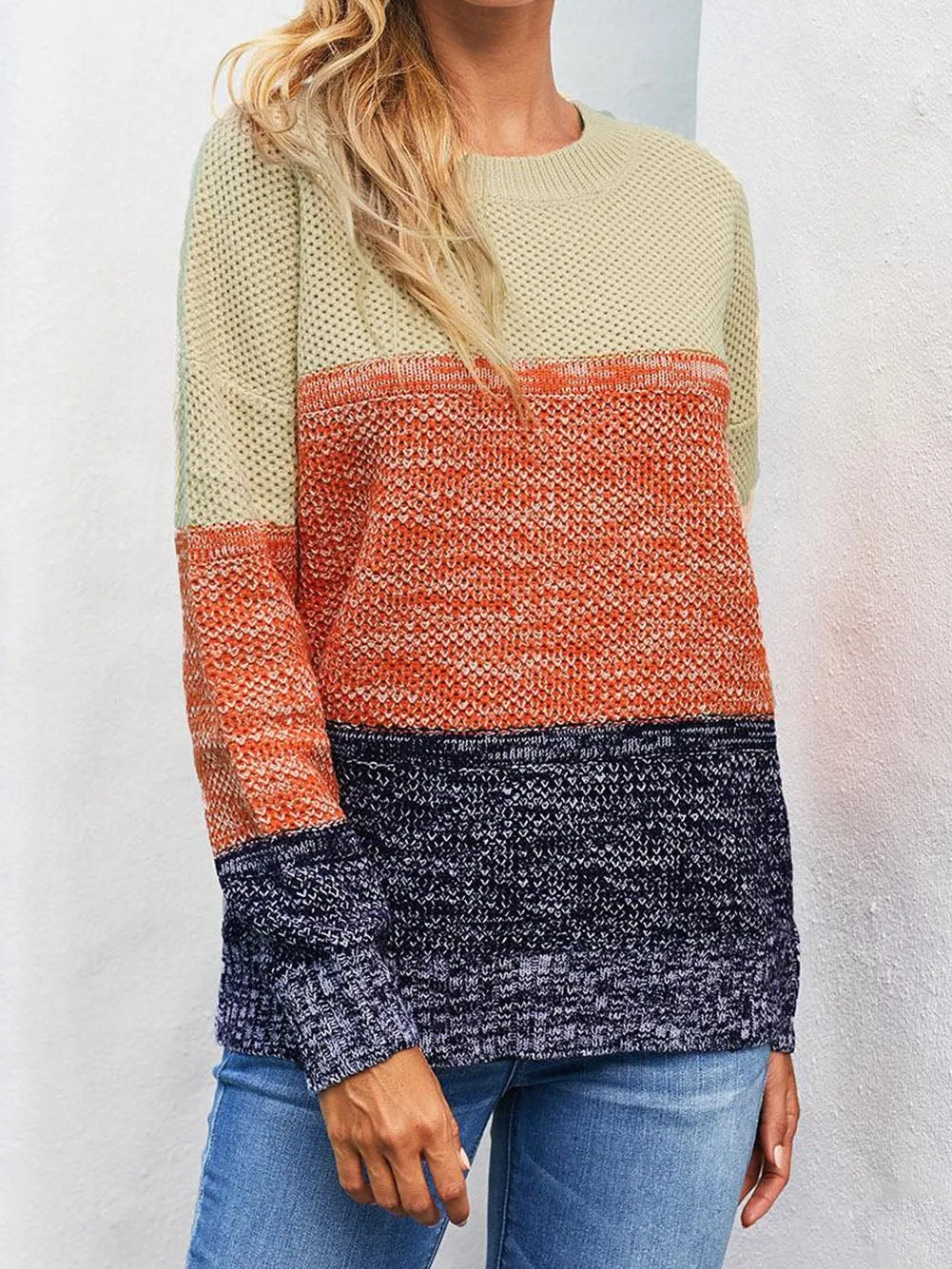 Blue Netted Texture Color Block Pullover Sweater