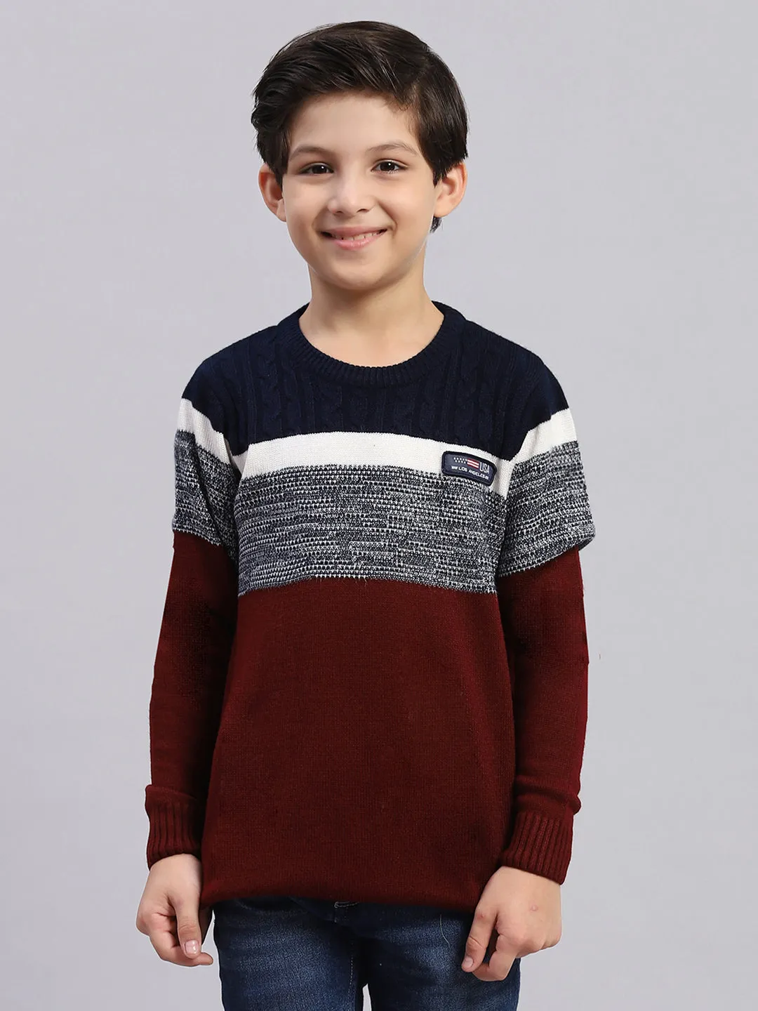 Boys Maroon Stripe Round Neck Full Sleeve Sweater