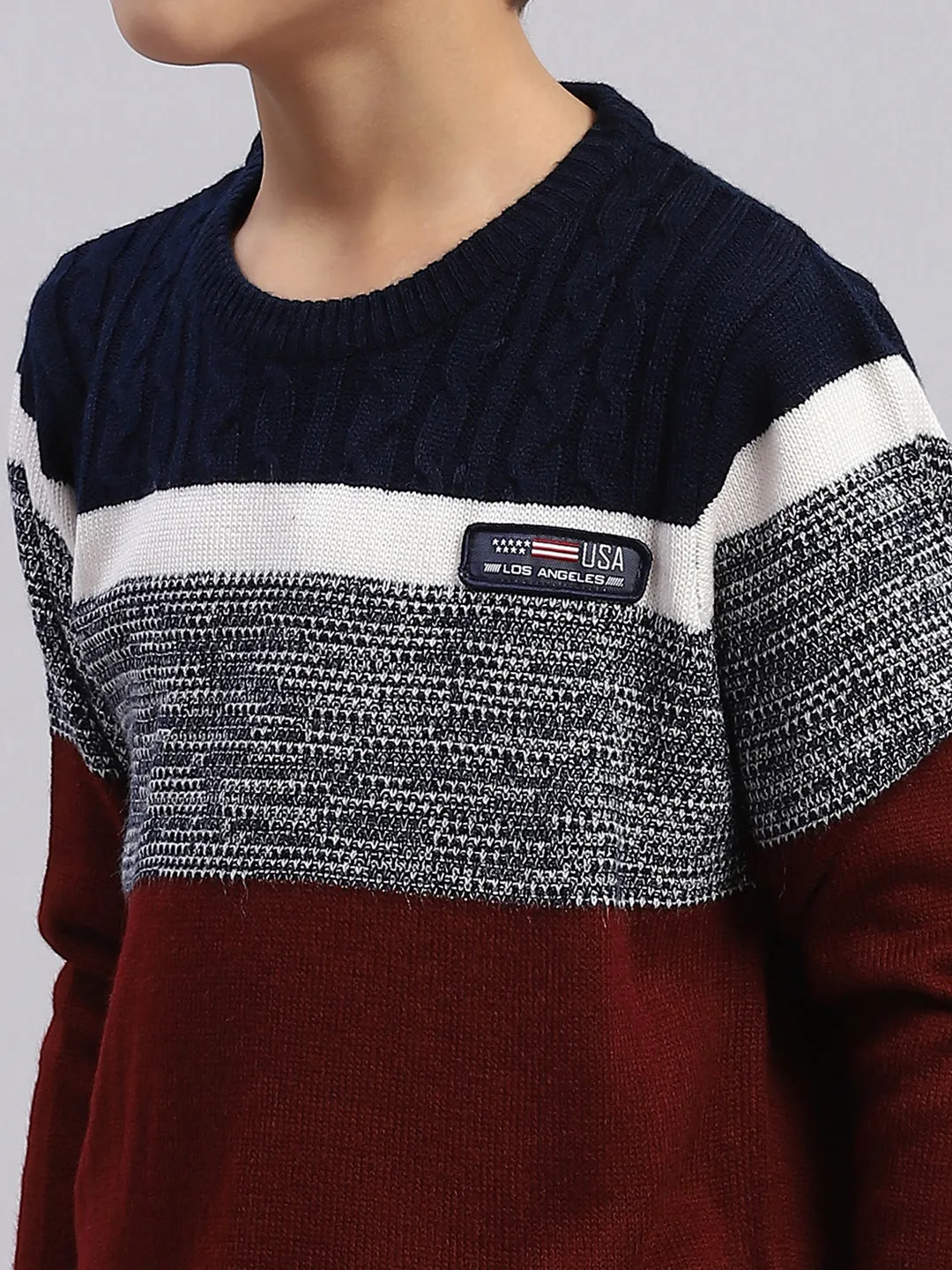 Boys Maroon Stripe Round Neck Full Sleeve Sweater