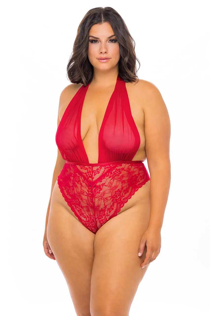 Bridal Curvy Aria Sheer Plunge Halter Teddy - RED