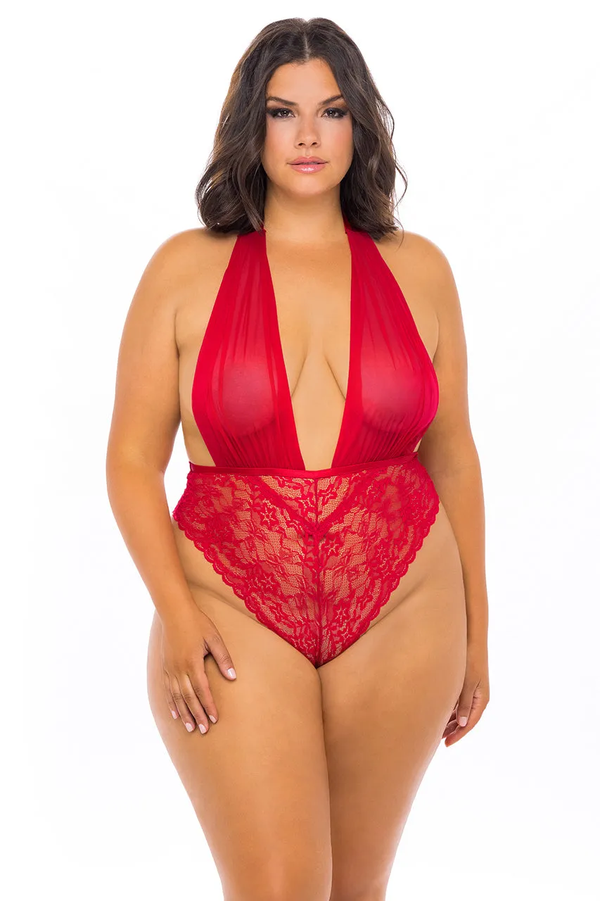 Bridal Curvy Aria Sheer Plunge Halter Teddy - RED