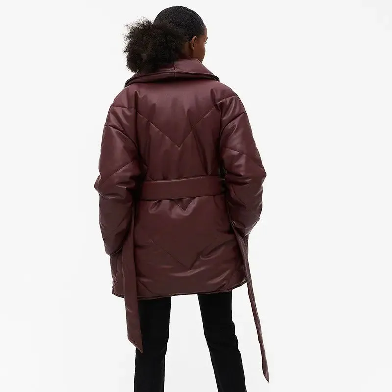 Brown Faux Leather Belted Puffer Jacket