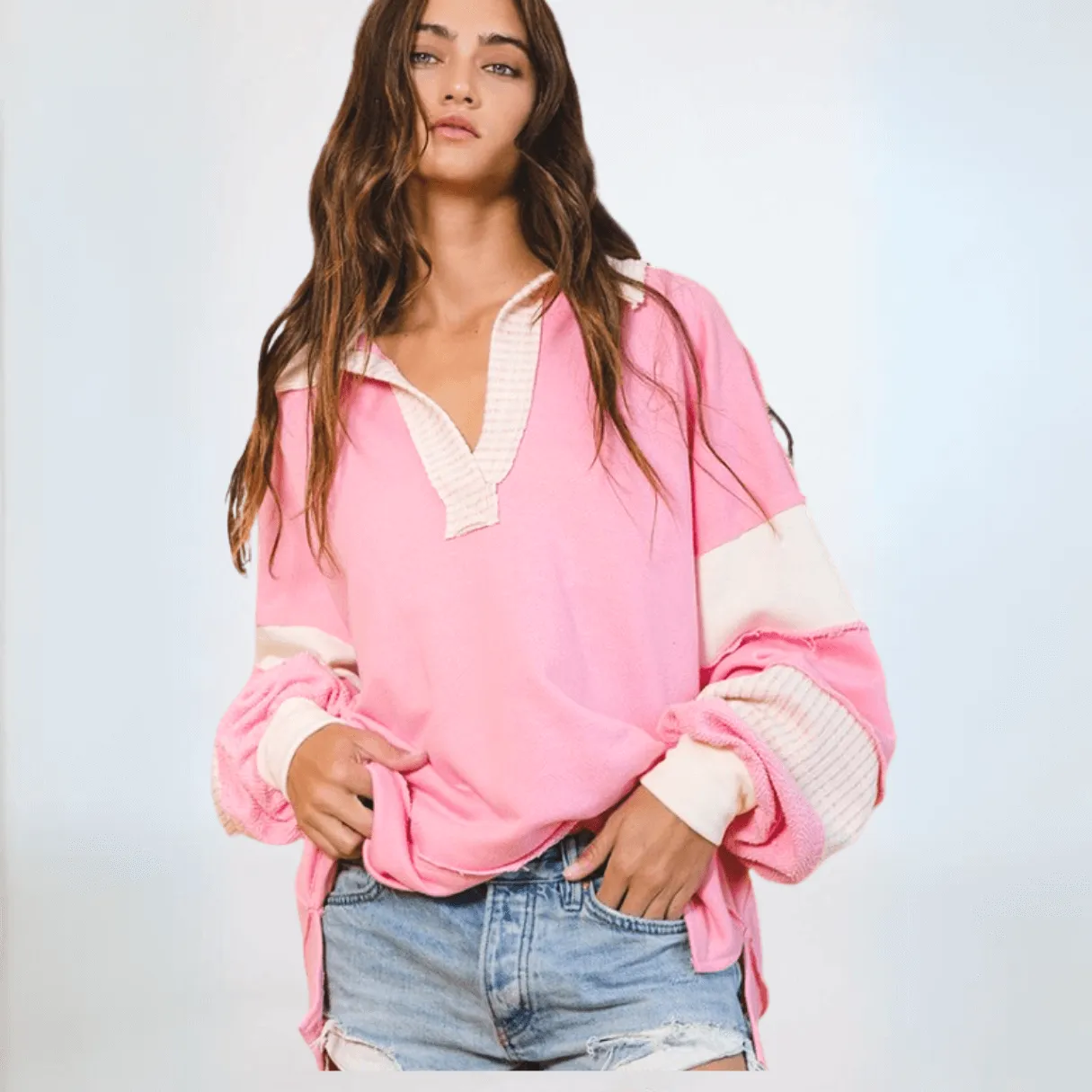 Bucket List Favorite Oversized Sweatshirt in Pink/Cream Made in USA