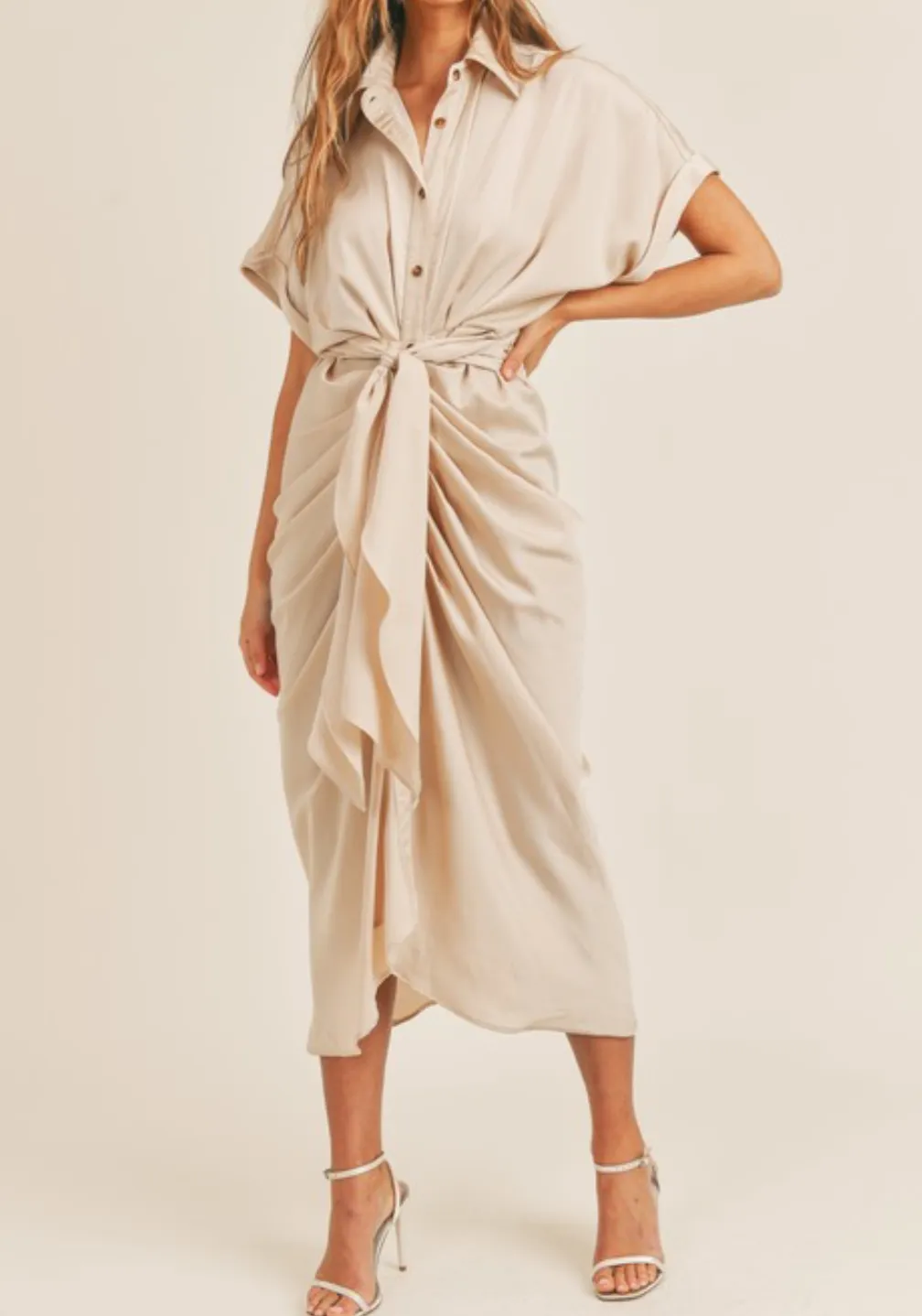 Button Down Satin Midi Shirt Dress - Champagne