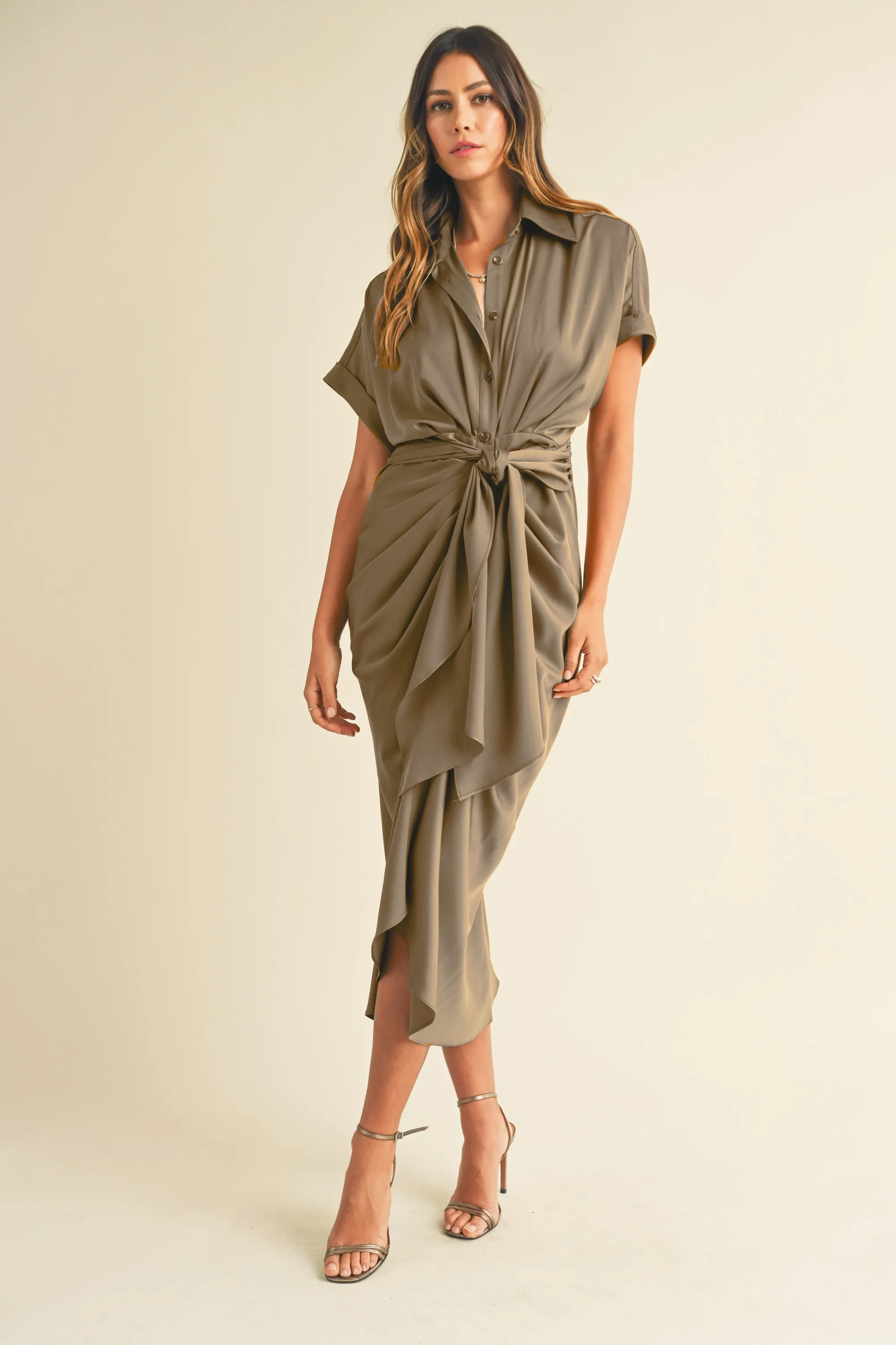 Button Down Satin Midi Shirt Dress - Champagne