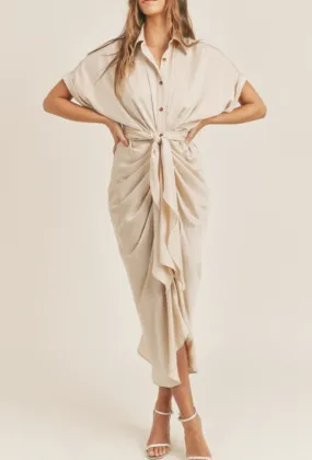 Button Down Satin Midi Shirt Dress - Champagne