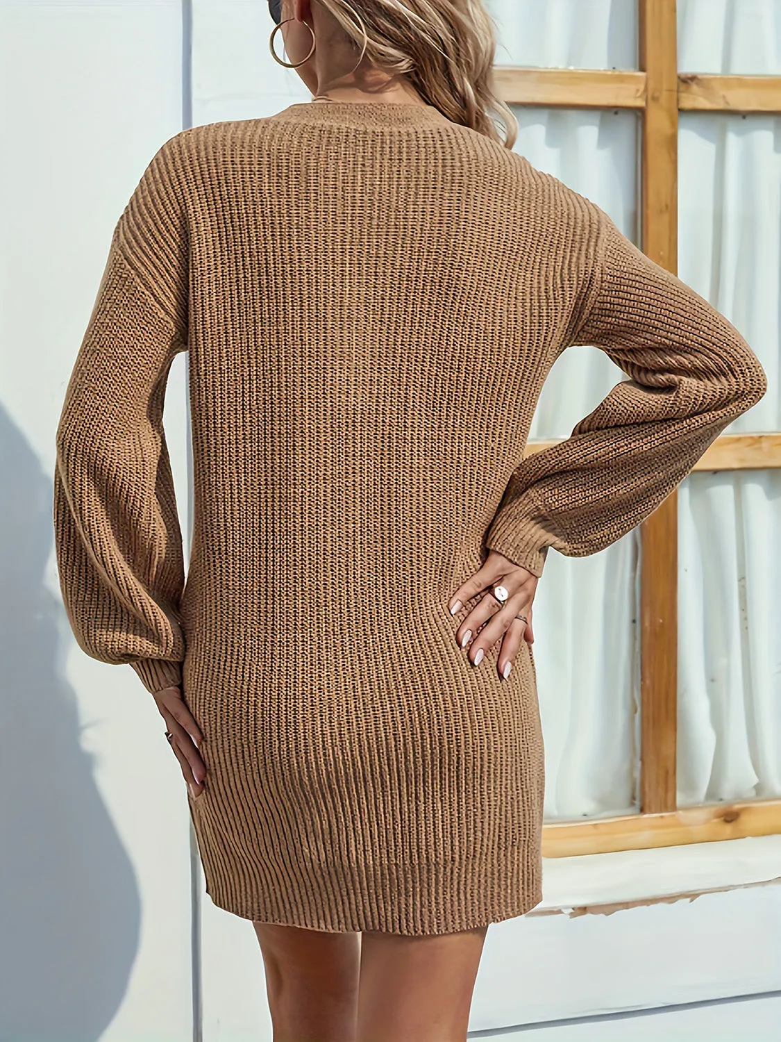 Caramel V-Neck  Mini Sweater Dress with Dropped Shoulder