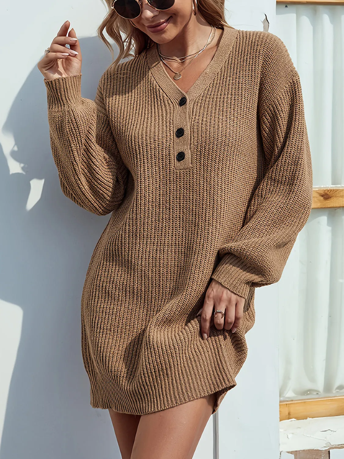 Caramel V-Neck  Mini Sweater Dress with Dropped Shoulder