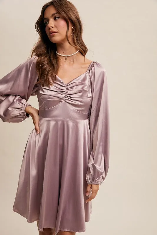 Carly Cinched Long Sleeve Satin Dress