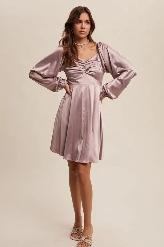 Carly Cinched Long Sleeve Satin Dress