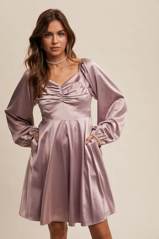 Carly Cinched Long Sleeve Satin Dress