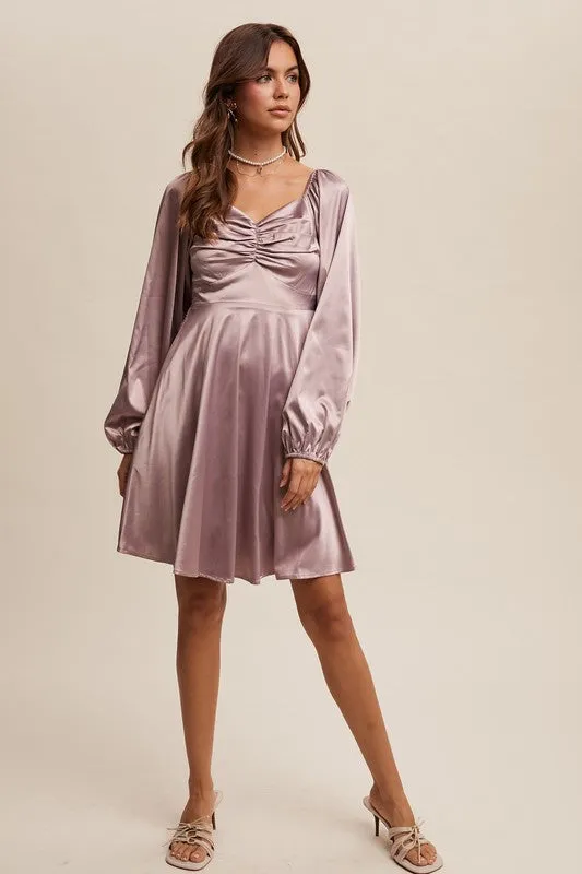 Carly Cinched Long Sleeve Satin Dress