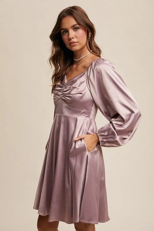 Carly Cinched Long Sleeve Satin Dress