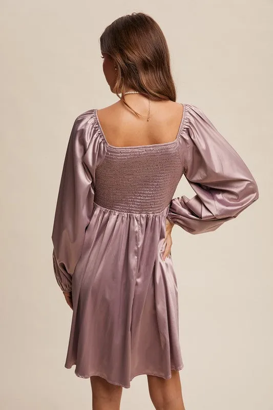 Carly Cinched Long Sleeve Satin Dress